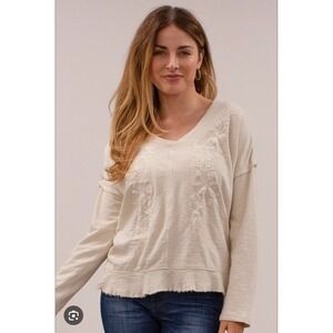 Caite Cream Long Sleeve Large Floral Embroidered V-Neck Top Romantic Boho Cotton